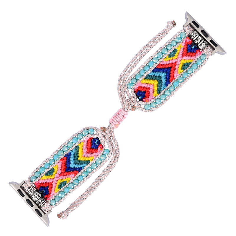 Bracelet Apple Watch en nylon multicolore avec perles de cristal, style tissé bohème.