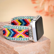 Bracelet Apple Watch multicolore en nylon tressé avec cristaux bleus scintillants pour femme, modèle Pyxis.