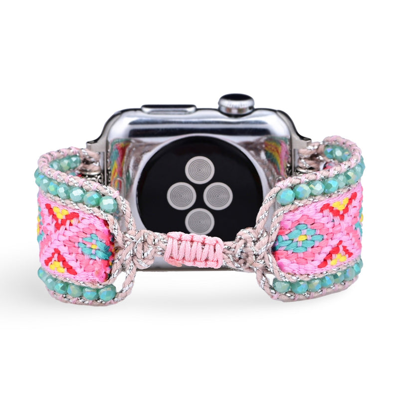 Bracelet Apple Watch rose en nylon tissé avec cristaux et bords verts pâle pour femme, modèle Reva.