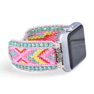 Bracelet Apple Watch en nylon tissé rose et multicolore orné de cristaux turquoise, taille 38-42 mm.
