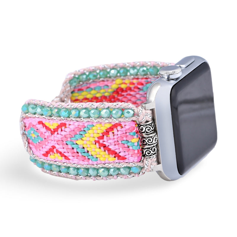 Bracelet Apple Watch en nylon tissé rose et multicolore orné de cristaux turquoise, taille 38-42 mm.