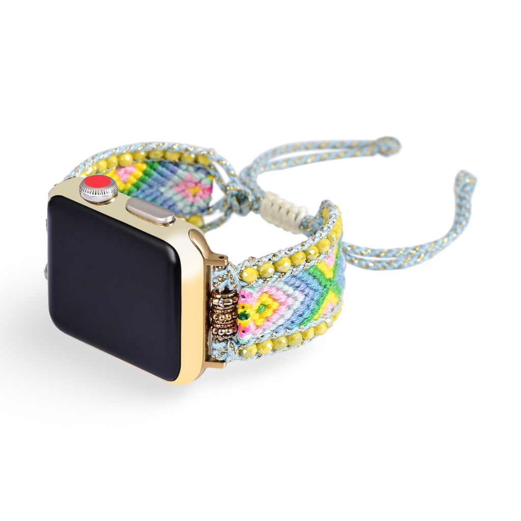 Bracelet Apple Watch femme en nylon multicolore avec cristaux brillants et lien ajustable beige.