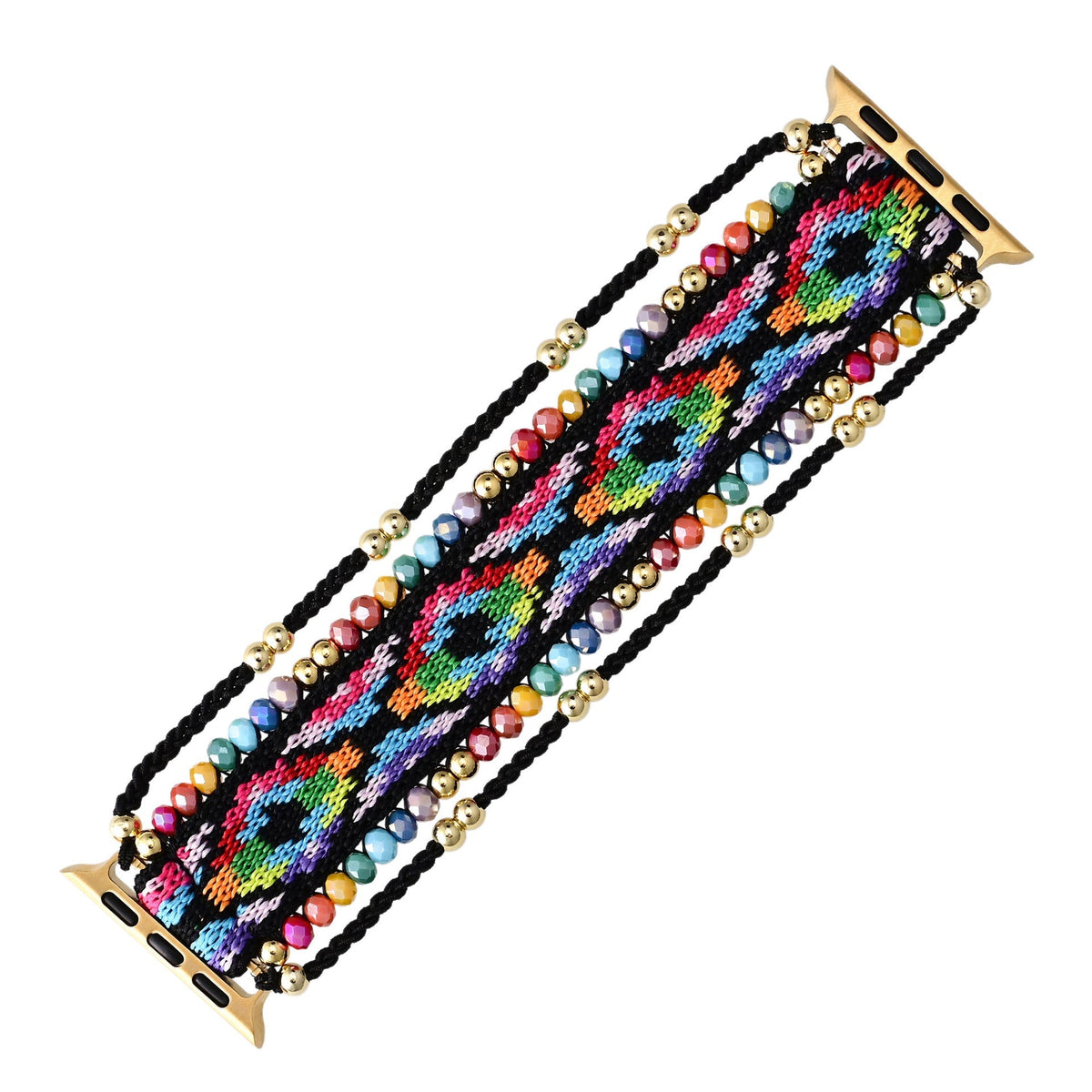 Bracelet Apple Watch en nylon multicolore orné de cristaux et perles blanches, fermoir doré.