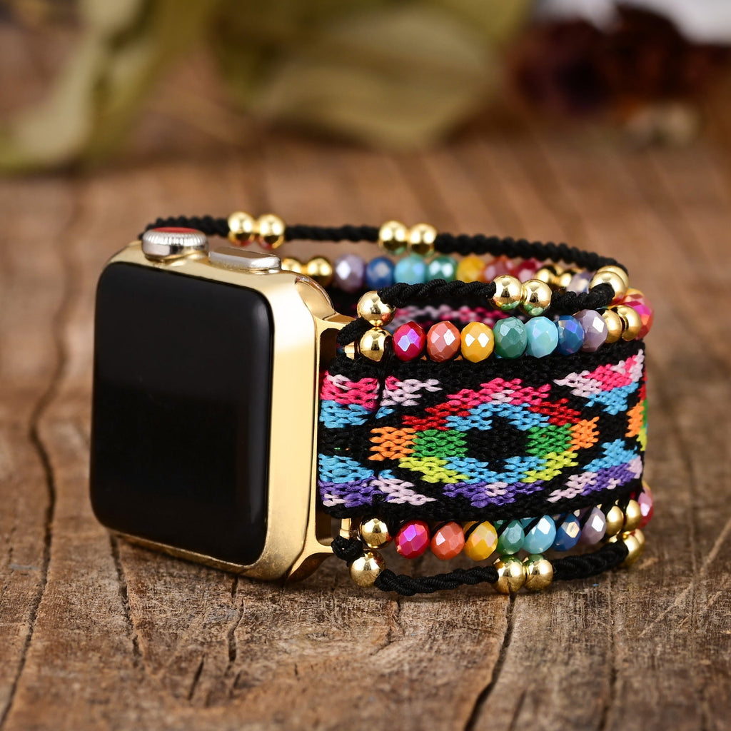 Bracelet Apple Watch multicolore en nylon tressé avec perles en cristal doré et coloré.