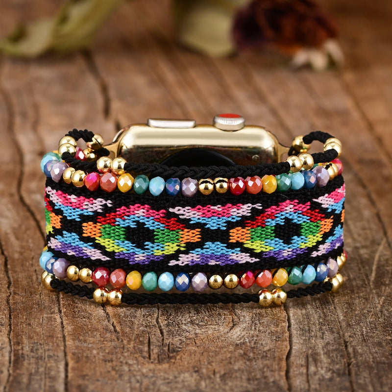 Bracelet Apple Watch en nylon multicolore tissé avec perles et cristaux pour femme.