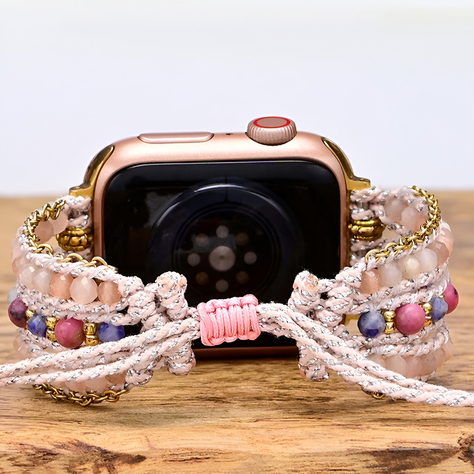 Bracelet de montre connectée, Apple Watch, en nylon et pierre de soleil, pour femme, modèle Onyxia - La Boutique du Bracelet