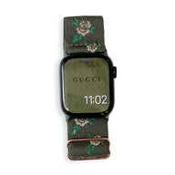 Bracelet Apple Watch en nylon kaki avec motif floral rose et vert pour femme, modèle Elexia.