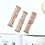 Bracelets Apple Watch en nylon beige clair à motifs floraux verts et roses, style féminin élégant.