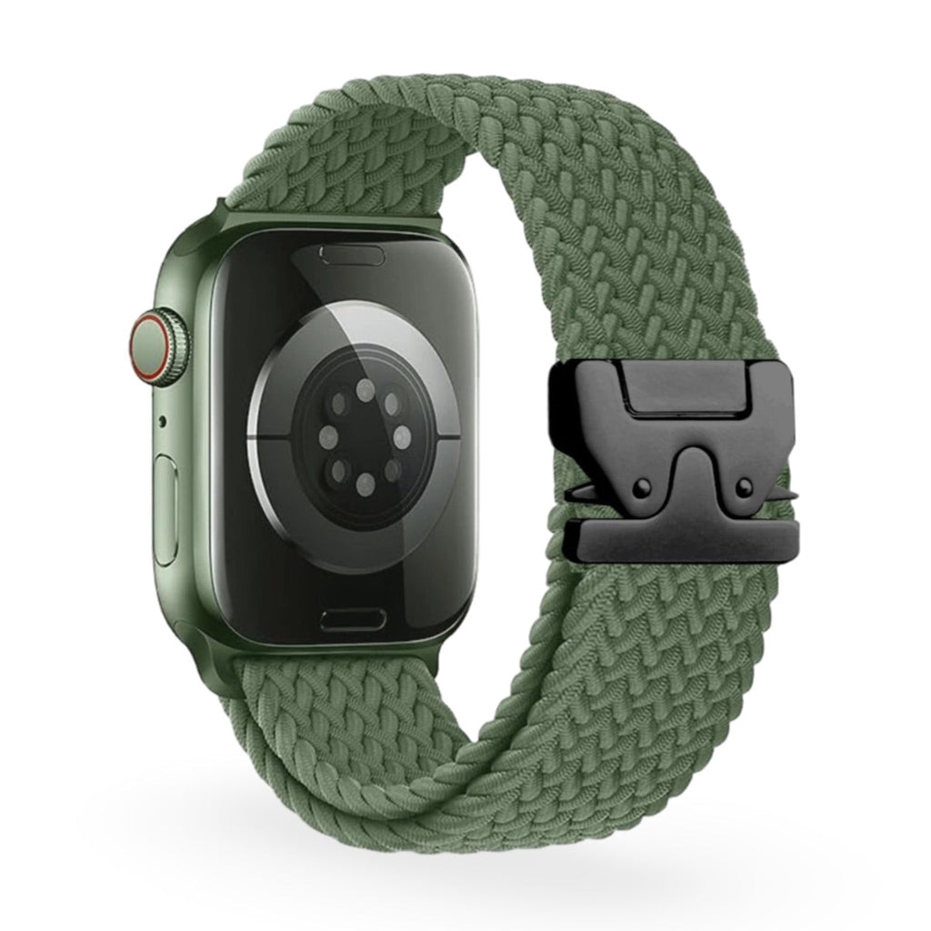 Bracelet Apple Watch en nylon vert avec boucle tactique noire, taille ajustable, style tressé.
