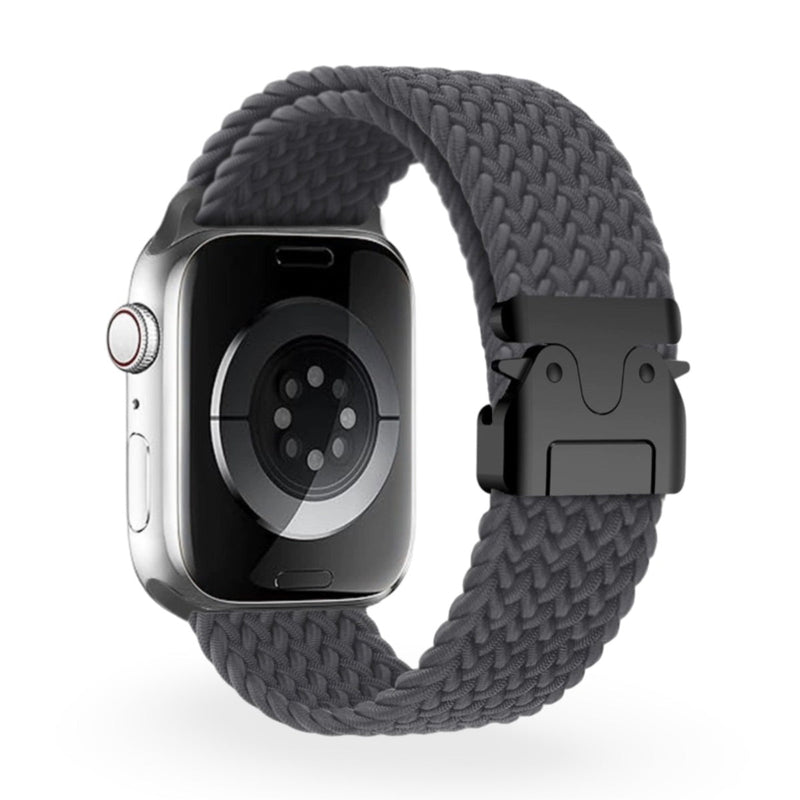 Bracelet Apple Watch noir en nylon tressé avec boucle tactique robuste.
