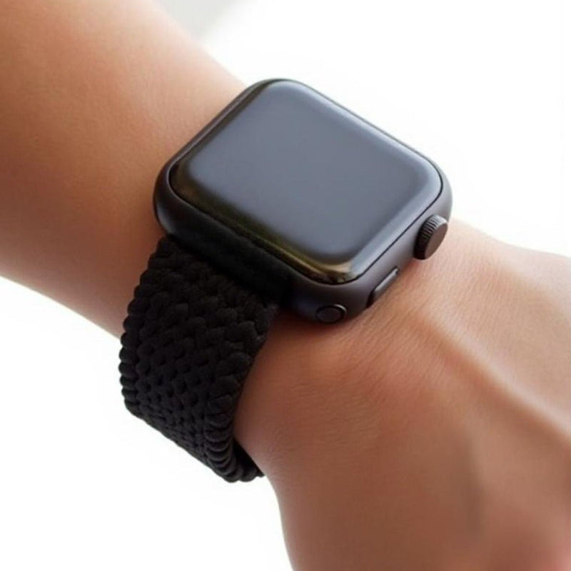 Bracelet Apple Watch en nylon noir tressé avec boucle tactique, design mixte, taille 38-42 mm.