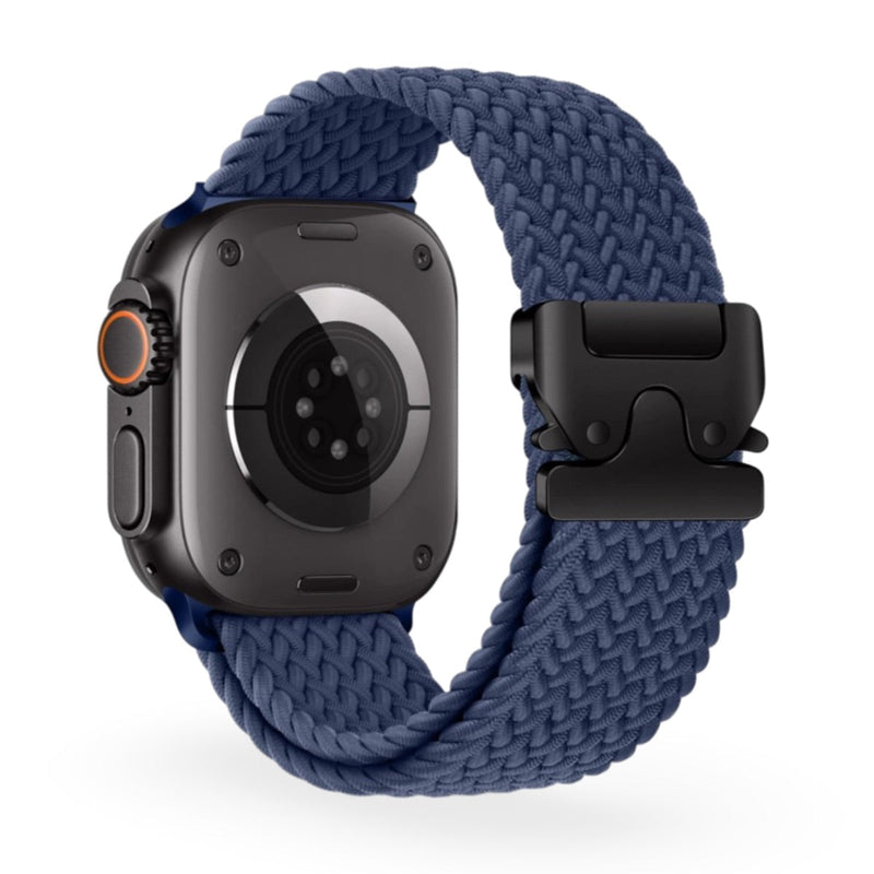 Bracelet Apple Watch en nylon bleu marine tressé avec boucle tactique noire, taille 38 à 42 mm.
