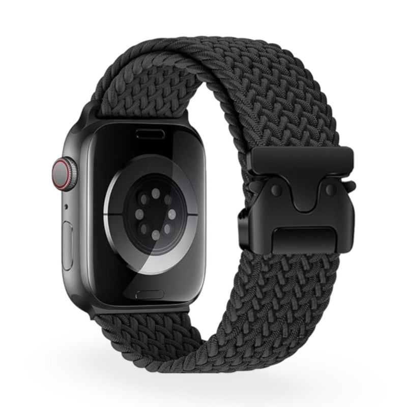 Bracelet Apple Watch en nylon noir tressé avec boucle tactique noire robuste.
