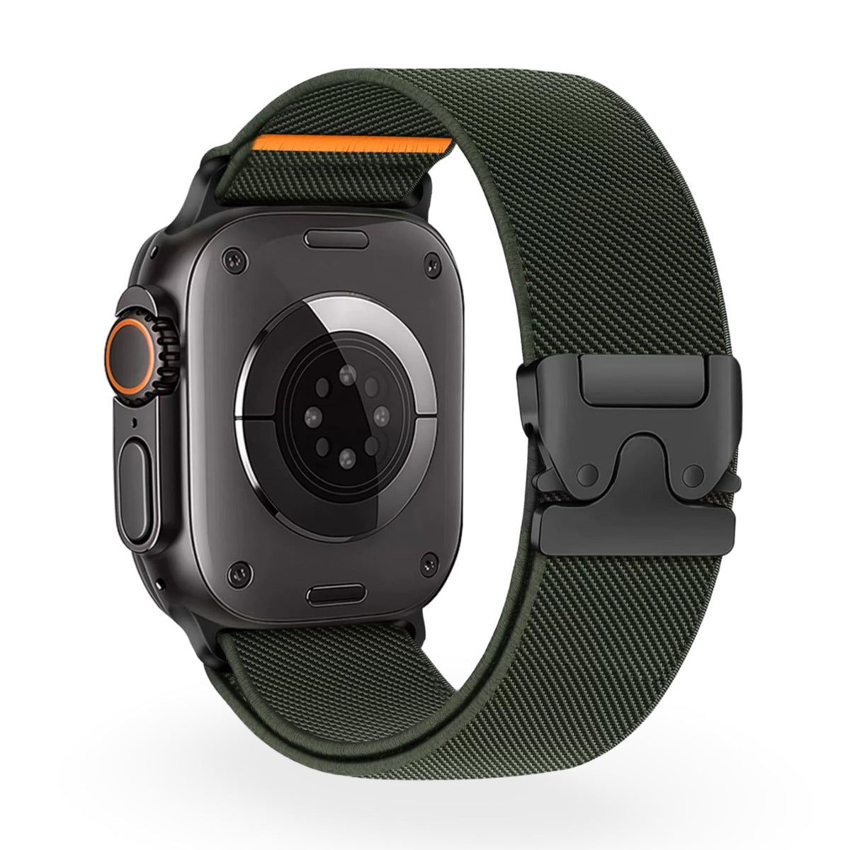 Bracelet Apple Watch en nylon kaki avec boucle tactique noire, taille moyenne, design mixte.