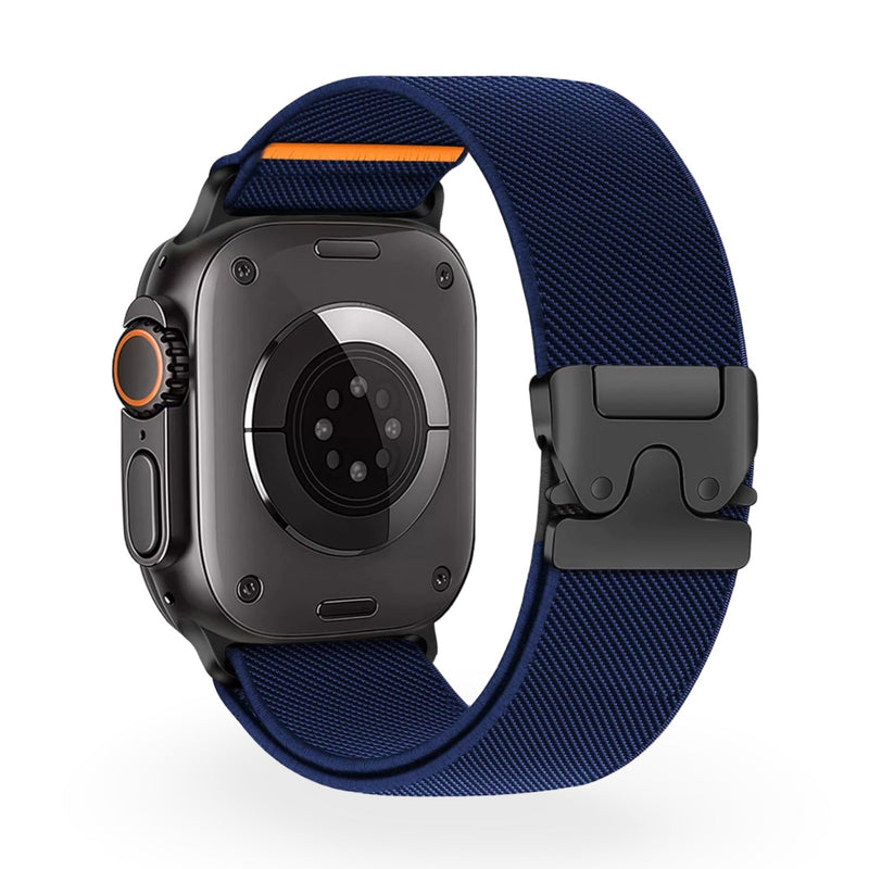 Bracelet Apple Watch nylon bleu marine avec boucle tactique noire, style Tarus.