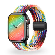 Bracelet Apple Watch en nylon tressé multicolore avec fermoir noir, modèle Cypher.