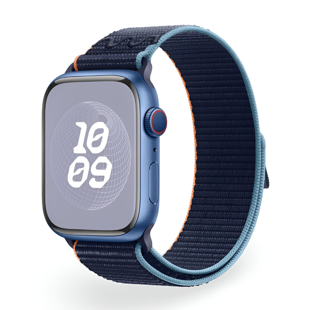 Bracelet Apple Watch en nylon bleu foncé avec bordure bleu clair, taille 38 à 42 mm.