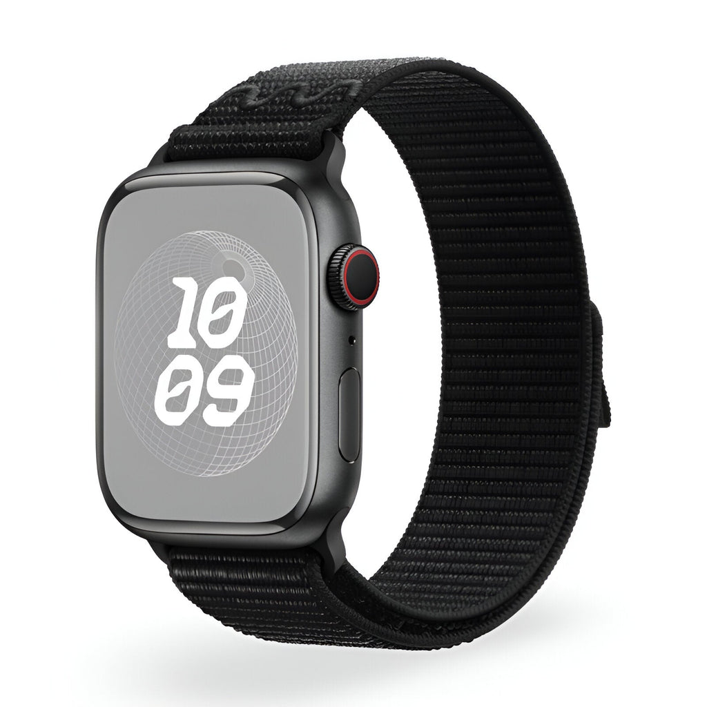 Bracelet Apple Watch en nylon noir, modèle Marix, taille 38 à 42 mm, style mixte.