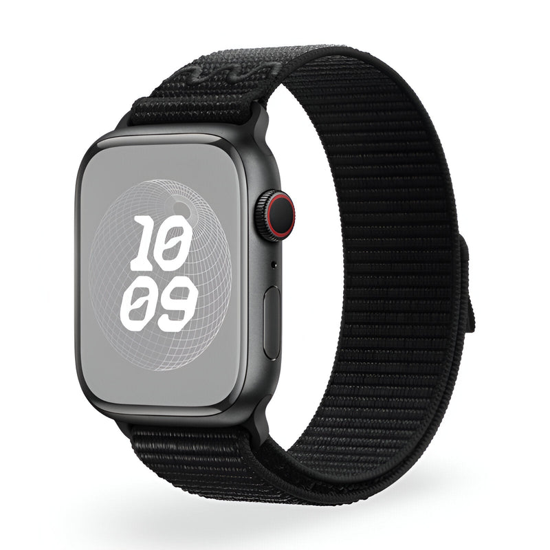 Bracelet Apple Watch en nylon noir, modèle Marix, taille 38 à 42 mm, style mixte.