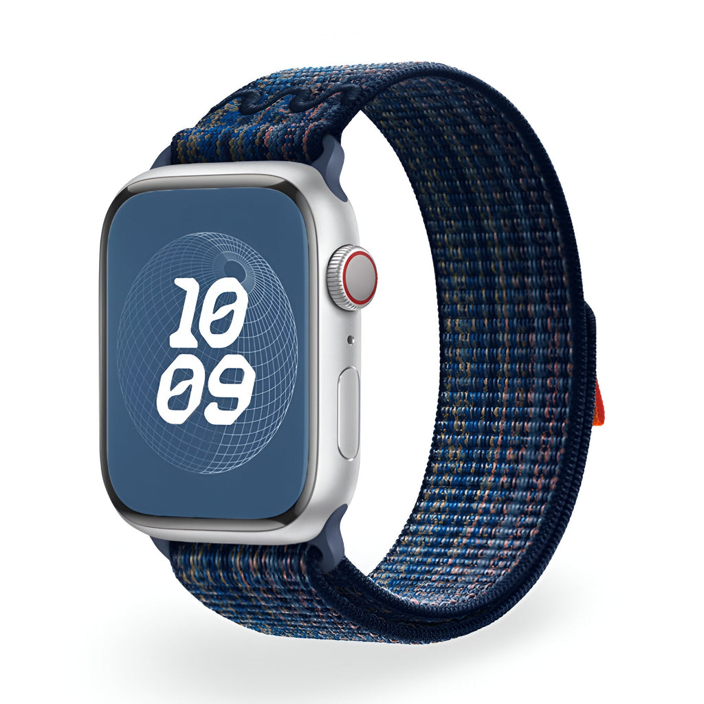Bracelet Apple Watch en nylon bleu foncé tressé, modèle Marix, taille 38 à 42 mm.
