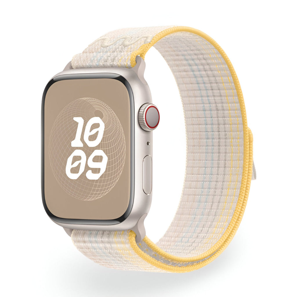 Bracelet Apple Watch en nylon blanc, jaune et orange, modèle Marix, taille 38 à 42 mm, avec bordure jaune.