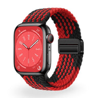 Bracelet Apple Watch en nylon tressé noir et rouge avec boucle noire, modèle Nyxan.