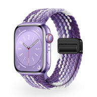 Bracelet en nylon tressé violet et blanc pour Apple Watch, boucle noire ajustable.
