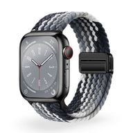 Bracelet Apple Watch en nylon tressé gris, noir et blanc, modèle Nyxan, mixte, fermeture noire.