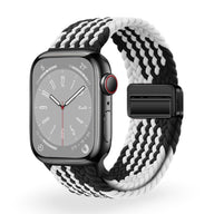 Bracelet Apple Watch en nylon tressé noir et blanc, boucle noire, style Nyxan, mixte.
