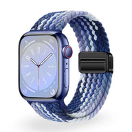 Bracelet Apple Watch en nylon tressé violet et blanc, boucle noire, taille 38-42 mm.