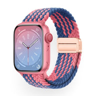 Bracelet Apple Watch en nylon violet et bleu avec boucle rose doré modèle Nyxan.