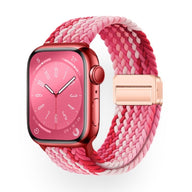 Bracelet Apple Watch en nylon tressé rose et fuchsia, fermeture rose doré, style Nyxan.