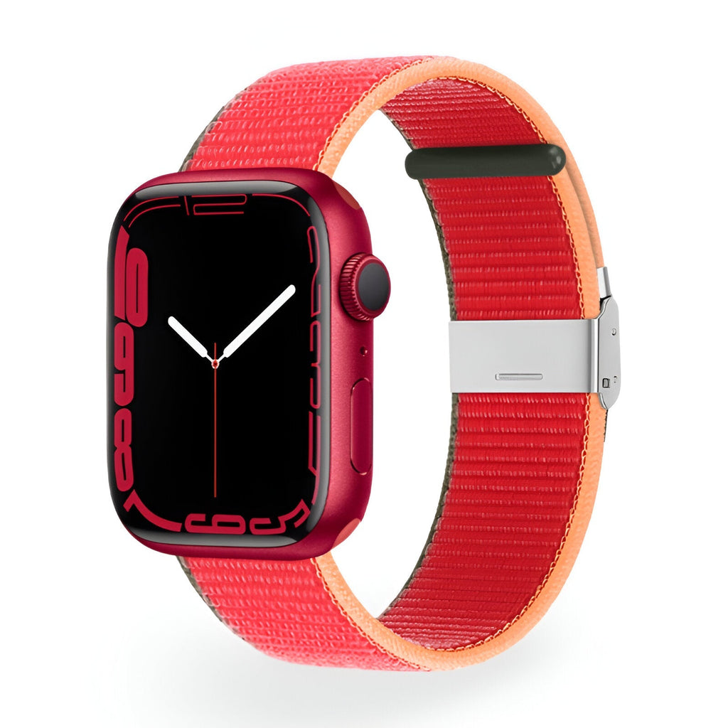 Bracelet Apple Watch en nylon rouge et orange, modèle Solis, boucle métallique argentée.
