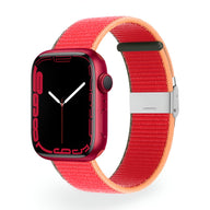 Bracelet Apple Watch en nylon rouge et orange, modèle Solis, boucle métallique argentée.