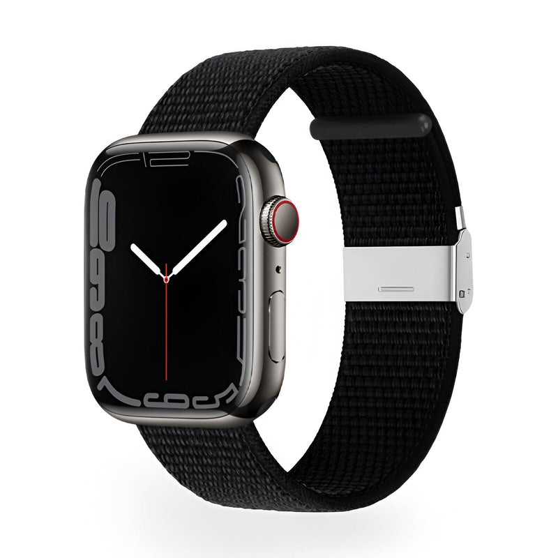 Bracelet Apple Watch en nylon noir, modèle Solis, fermeture métallique argentée, style mixte.
