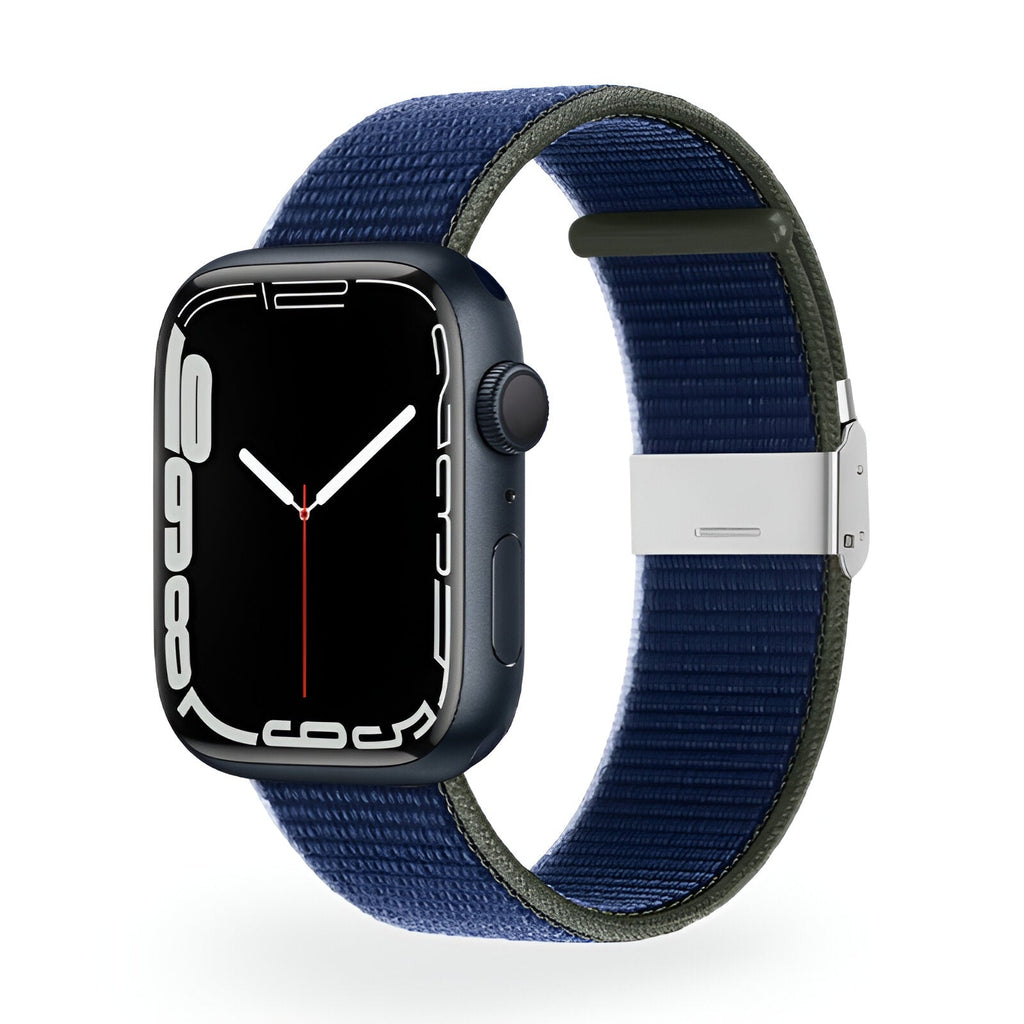 Bracelet Apple Watch en nylon bleu et vert, modèle Solis, fermeture boucle acier inoxydable.