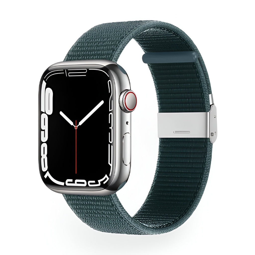 Bracelet Apple Watch en nylon vert kaki, fermoir argenté, modèle Solis, taille 38-42 mm.