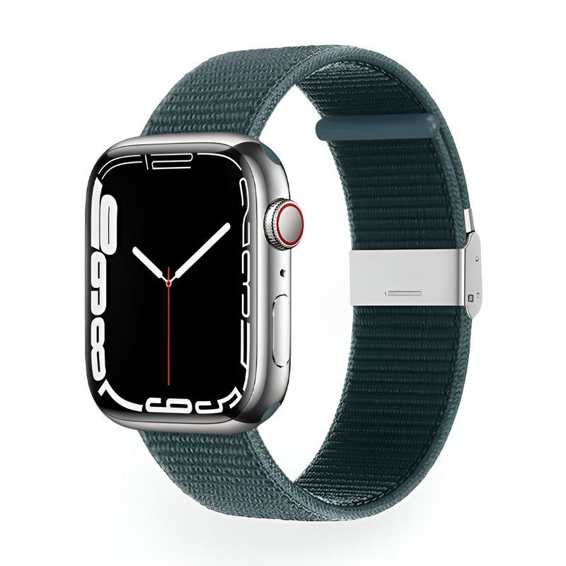 Bracelet Apple Watch en nylon vert kaki, fermoir argenté, modèle Solis, taille 38-42 mm.
