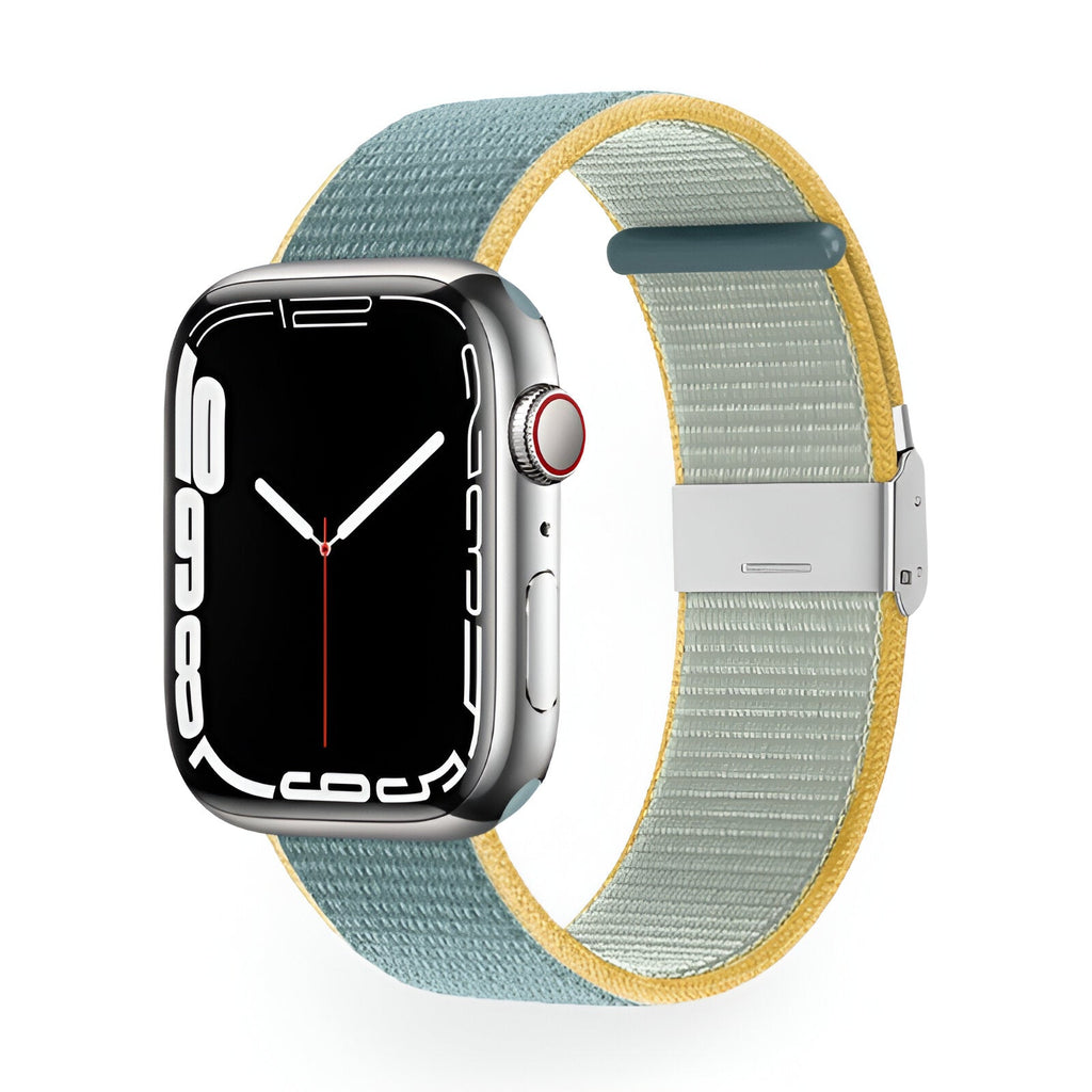 Bracelet Apple Watch en nylon bleu et jaune avec fermeture métallique pour taille 38 à 42 mm.