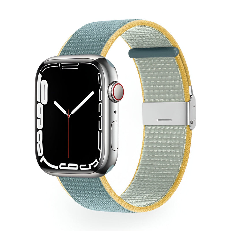 Bracelet Apple Watch en nylon bleu et jaune avec fermeture métallique pour taille 38 à 42 mm.