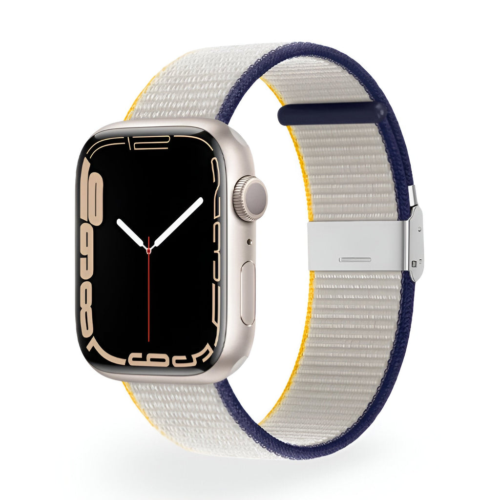 Bracelet Apple Watch en nylon beige avec bord bleu et intérieur jaune, style Solis, mixte.