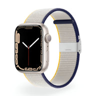 Bracelet Apple Watch en nylon beige avec bord bleu et intérieur jaune, style Solis, mixte.