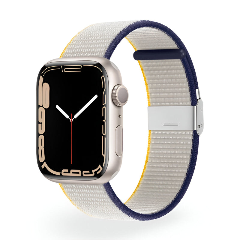 Bracelet Apple Watch en nylon beige avec bord bleu et intérieur jaune, style Solis, mixte.