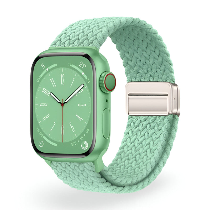 Bracelet Apple Watch Xylon en nylon tressé vert clair avec boucle argentée, taille 38 à 42 mm.