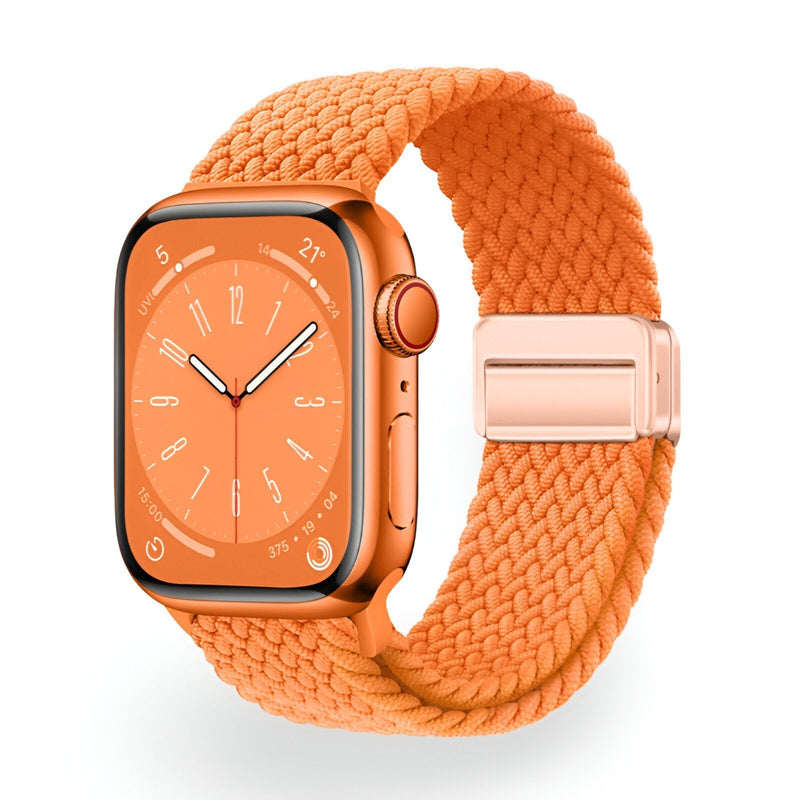 Bracelet Apple Watch en nylon tressé orange, modèle Xylon, fermeture magnétique rose clair.