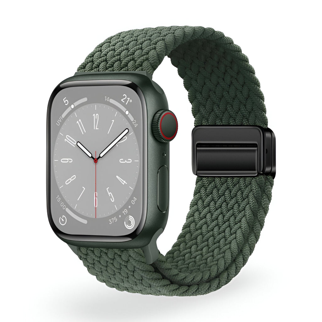 Bracelet Apple Watch en nylon tressé vert foncé, boucle noire mate, taille 38 à 42 mm.