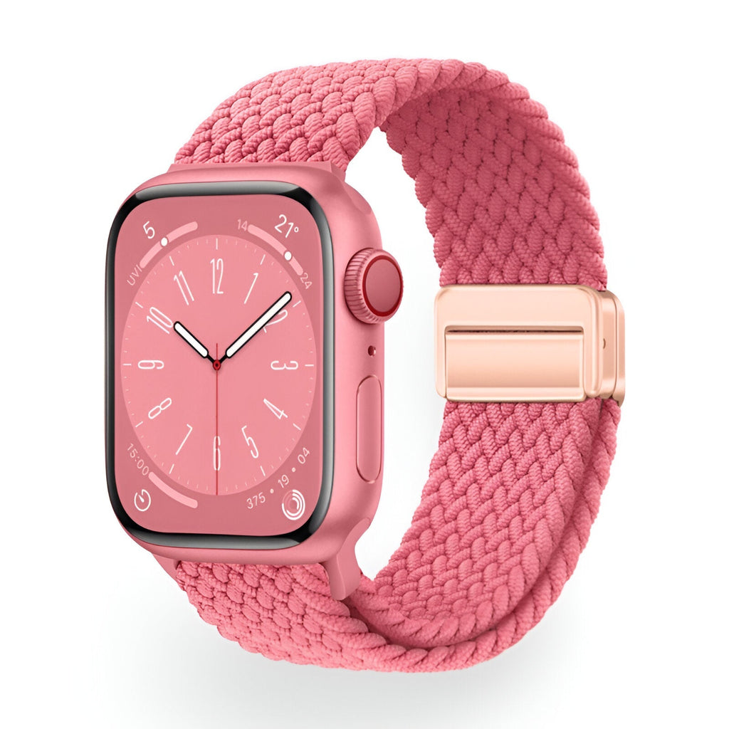 Bracelet Apple Watch en nylon tressé rose avec boucle aimantée rose doré.