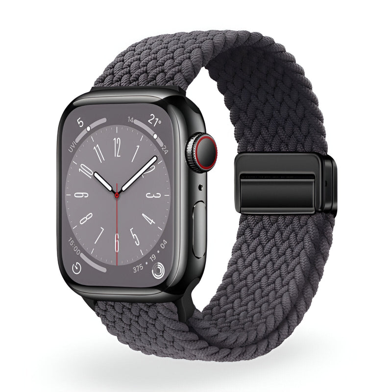 Bracelet en nylon gris tressé pour Apple Watch taille 43-49 mm avec fermoir noir mat.
