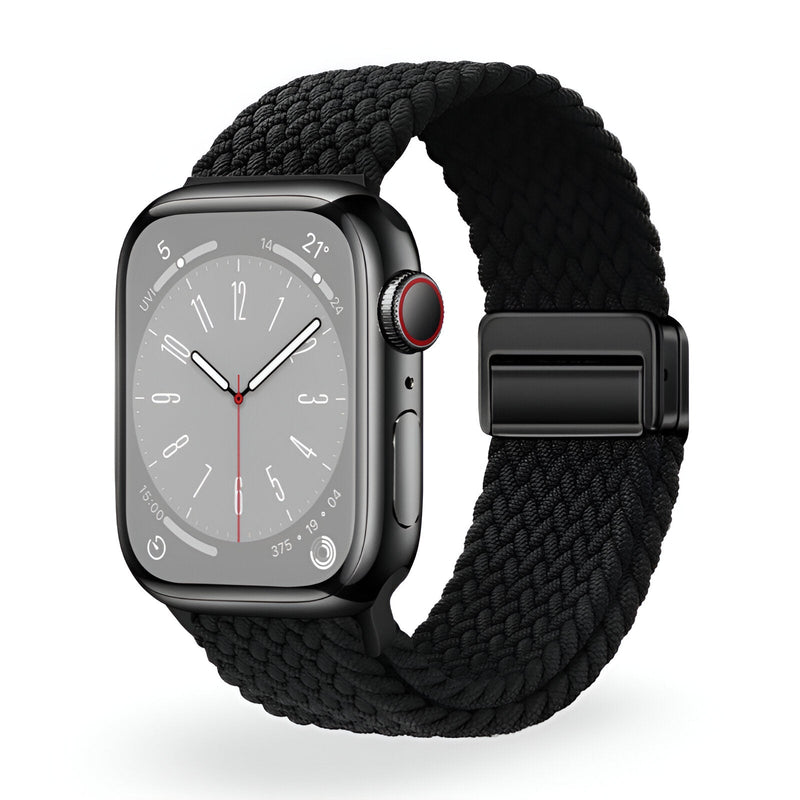 Bracelet Apple Watch en nylon tressé noir, fermeture magnétique ajustable, modèle Xylon.
