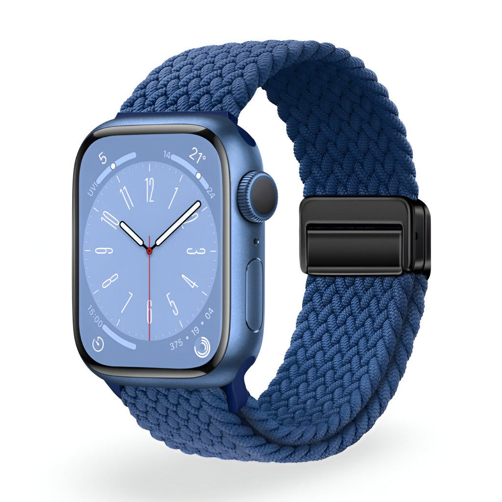 Bracelet Apple Watch en nylon tressé bleu nuit avec fermoir noir pour poignet 38-42 mm.
